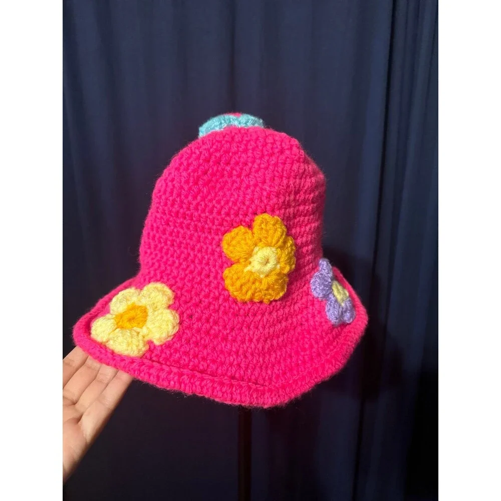 Hot Pink Crochet Flower Bucket Hat Y2K Festival Cottagecore